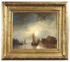 Van. Sailing Boat On A Dutch Canal At Moonlight