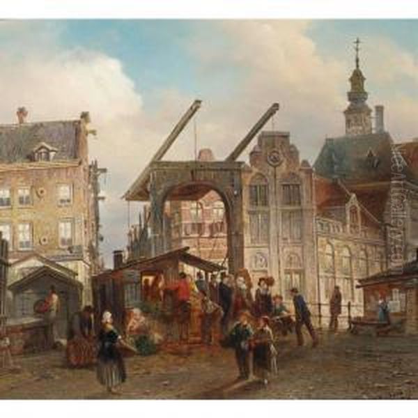 Many Figures Near A Drawbridge In A Dutch Town - view 1