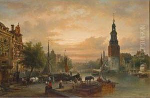 A View Of The Oude Schans With The Montelbaanstoren, Amsterdam by Elias Pieter van Bommel