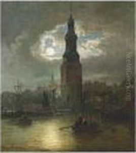 The Montelbaanstoren At Dusk by Elias Pieter van Bommel