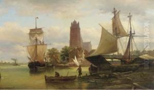 Moored Sailing Vessels At Dordrecht Harbour by Elias Pieter van Bommel