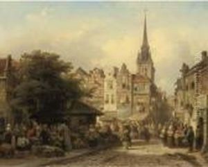 A Busy Market On A Sunny Day by Elias Pieter van Bommel