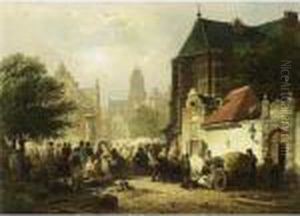 A Busy Market Day On 'het
Kerkplein' In Zaltbommel With The Sint Maartens Church In The Background by Elias Pieter van Bommel