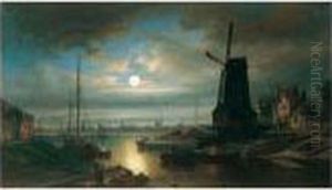 Nederlandse Stad Bij Maanlicht (dutch Town By Moonlight) by Elias Pieter van Bommel