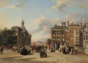 Numerous Townsfolk On A Square, Rotterdam by Elias Pieter van Bommel