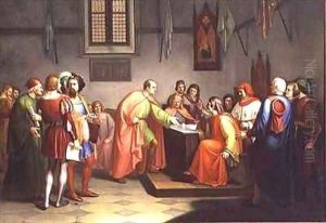 The Florentine architect Brunelleschi proves his theory on the construction of the Cathedral dome with the aid of an egg by Giuseppe Fattori