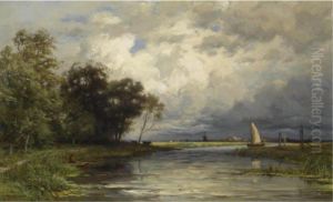 An Angler In A Polder Landscape, A Windmill In The Distance
