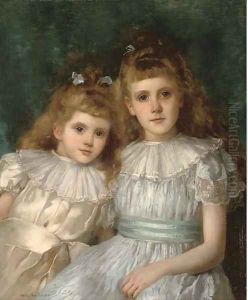 Portrait of sisters, half-length, the elder in a blue dress with white collar, the younger in an oyster coloured dress by John Shirley Fox