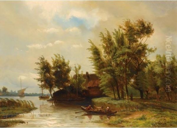 A Summer Landscape With Figures In A Boat by Jan Willem Van Borselen