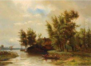 A Summer Landscape With Figures In A Boat A Summer Landscape With Figures In A Boat