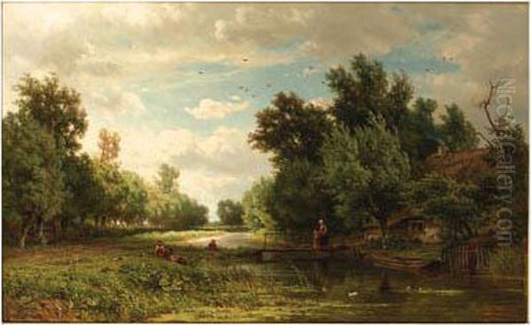 Geldersch Landschap: Young Anglers On A Riverbank With A Cottagenearby - view 1
