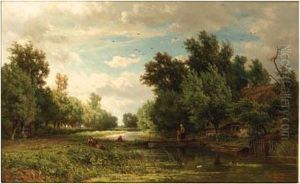 Geldersch Landschap: Young Anglers On A Riverbank With A Cottagenearby by Jan Willem Van Borselen