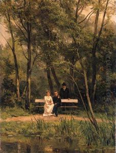 An Elegant Couple Seated On A Bench In A Park With An Attendentstanding Nearby