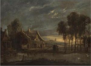 A River Landscape At Sunset With Figures Conversing Before A House by Anthonie Van Borssom
