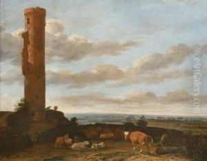 A Shepherd With Cattle And Sheep By A Tower In A Panoramic Landscape