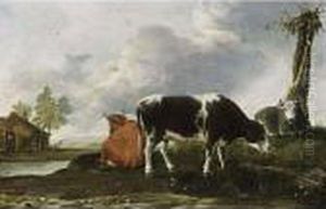 A Landscape With Cows Grazing In A Meadow, A View Of A Farmhouse Beyond by Anthonie Van Borssom