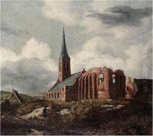A Ruined Church Near Leiden With Two Travellers Resting By The Roadside by Anthonie Van Borssom
