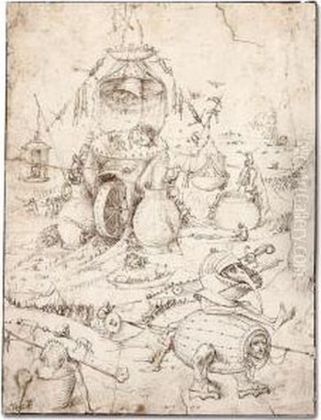 A Hell Scene With A Fish-monster
 With A Wheel In Its Mouth, A Barrel-creature And Various Other 
Monsters, And Figures Undergoing A Range Of Ordeals - view 1