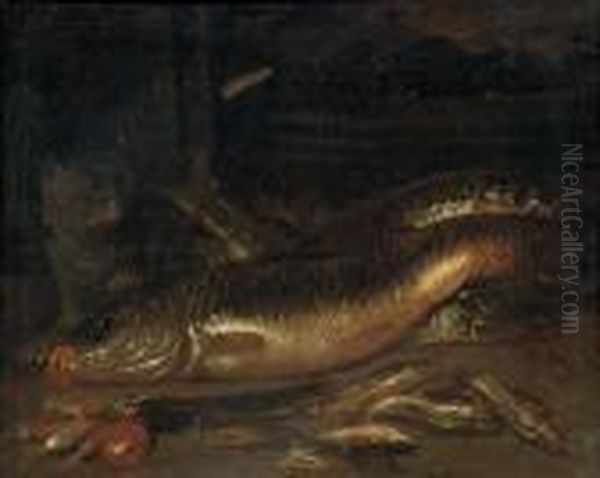 Various Fish, A Wicker Basket With Mussels And A Cat - view 1