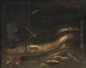 Fish, A Wicker Basket With Mussels And A Cat by Pieter Van Boucle