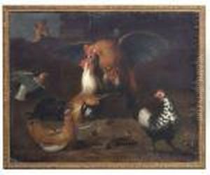 Huhnerhof Mit Zwei Kampfenden Hahnen, Von Einem Fuchs Beobachtet by Pieter Van Boucle