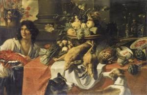 Natura Morta Di Frutta, Ortaggi E
Selvaggina Su Un Tavolo, Configura Di Ragazzo Recante Una Aragosta Su
Un Piatto by Pieter Van Boucle