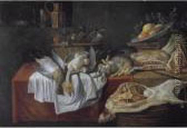 A Still Life With Numerous Birds
 In A Basket, Together With Rabbits, A Bowl Of Fruit, Asparagus, And Two
 Parrots On A Table Draped With Red And White Clothes, Together With A 
Side Of Lamb On A Basket - view 1