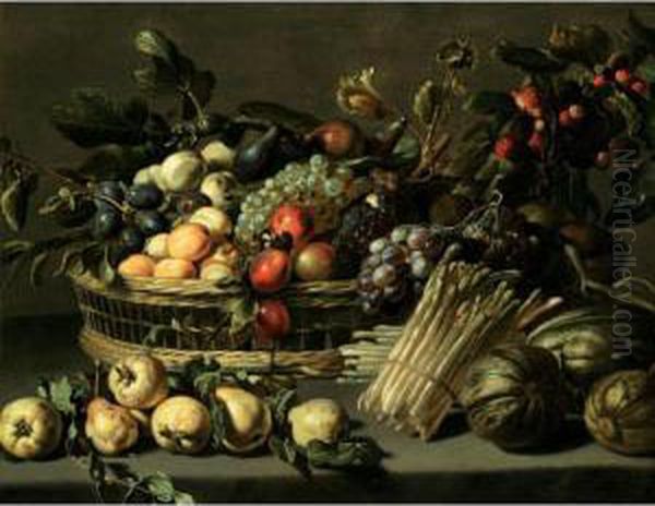 A Still Life With Apricots,
Plums, Figs, Peaches And Grapes In A Basket On A Stone Ledge, Together
With Pears, Squash And Asparagus - view 1