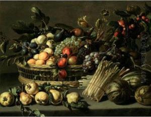 A Still Life With Apricots, 
Plums, Figs, Peaches And Grapes In A Basket On A Stone Ledge, Together 
With Pears, Squash And Asparagus