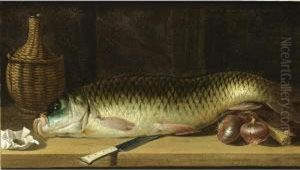 A Still Life With A Carp, Red 
Onions, A Knife, A Wicker-bottle And A Paper Pouch With Tobacco, All On A
 Wooden Ledge