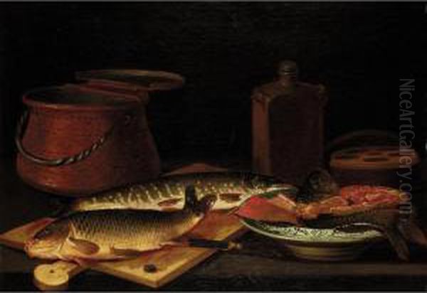 A Still Life Of Freshwater Fish
On A Chopping Board, Filleted Fish In A Porcelain Dish, A Copper Urn And
Earthenware Vessels - view 1