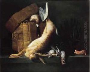 < Nature Morte Au Dindon, Lievre Et Martin Pecheur >, Toile.