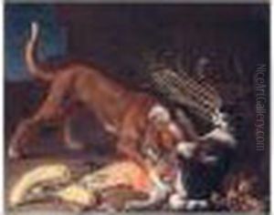 A Dog Attacking A Cat Stealing Meat From A Wicker Basket by Pieter Van Boucle
