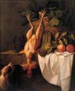 A Spaniel Watching A Dead 
Cockerell Hanging From A Basket Withcabbages And Oranges On A Draped 
Ledge