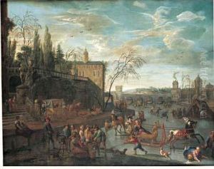 Patineurs Sur Une Riviere Gelee Sous La Terrasse D'un Palais Classique