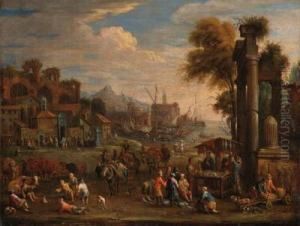 Peasants By A Mediterranean
Harbour With Classical Ruins; Andshepherds, Peasants And Merchants With
Classical Ruins by Peeter van Bredael