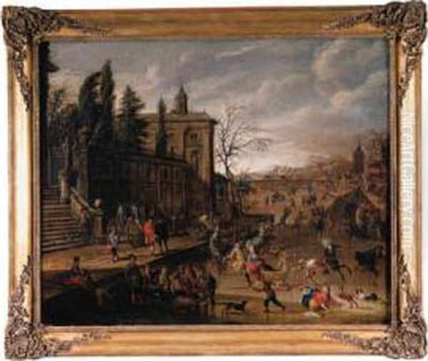 A Frozen Canal Before An 
Italianate Terrace, With Townsfolkdisporting And Noblewomen On Sledges, A
 Town Beyond - view 1