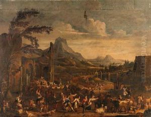 A Market Scene With Peasants Dancing Before Ruined Buildings In Amountainous Landscape by Peeter van Bredael