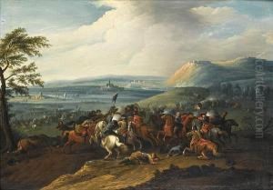 A Cavalry Skirmish Before An Extensive River Landscape