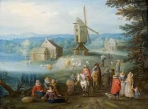 Voyageurs Dans Un Paysage Au Moulin by Jan Frans I Van Bredael