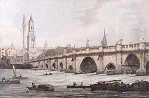 View of London Bridge including the Church of St Magus and The Monument by Joseph Farington