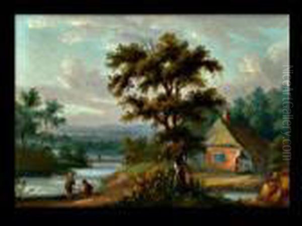 Landschaft Mit Strohbedecktem Gehoft Hinter Eichenbaum An Einemflus - view 1