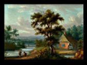 Landschaft Mit Strohbedecktem Gehoft Hinter Eichenbaum An Einemflus by Jan Frans I Van Bredael