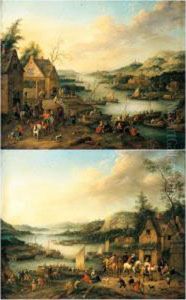 A River Landscape With Boats And
A Coach Party Departing; A River Landscape With Boats And Riders Halted
At An Inn by Jan Frans I Van Bredael