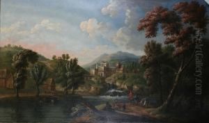 Romantic Landscape With Figures Before A River And Town