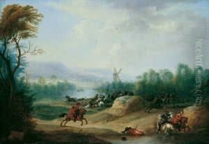 Weite Landschaft Mit Reitergefecht Und Windmuhle