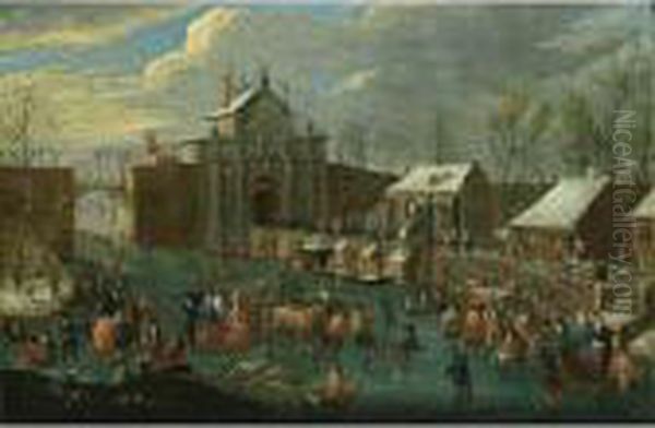 A Winter Scene With Elegant
Figures Skating And A Horse-drawn Sleigh On A Frozen Canal Outside A
City Gate - view 1