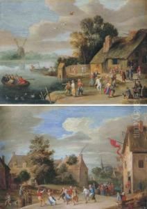 A River Landscape With Peasants 
Merrymaking Beside A Cottage; And Avillage Landscape With Peasants 
Merrymaking Outside An Inn by Jan Pieter Van Bredael I