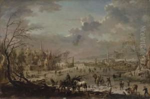 A Winter Landscape With Villagers Skating On A Frozen River