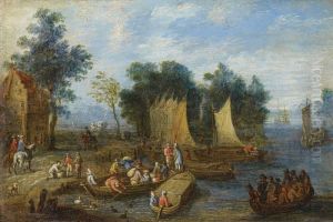 Bewaldete Flusslandschaft Mit Booten Und Fahre by Joseph van Bredael